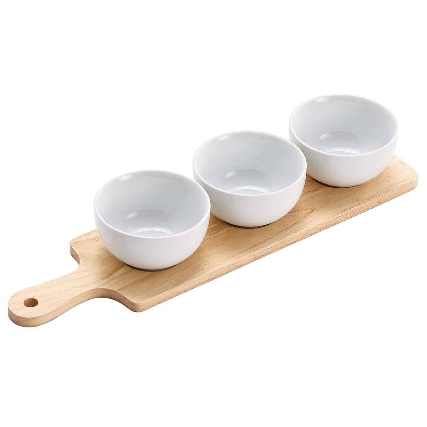 Bico White Porcelain Dipping Bowl Set (12oz bowls with 18 inch wooden platter), for Sauce, Nachos, Snacks, Microwave & Dishwasher Safe