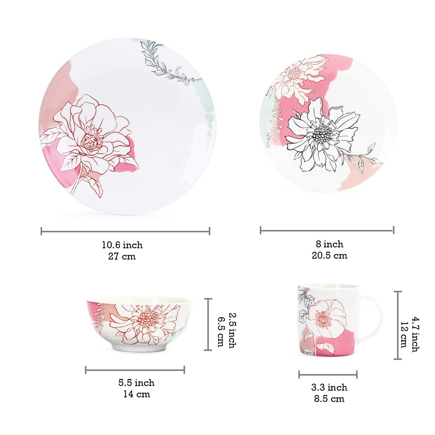 Bico Blooming Garden Dream Porcelain Dinnerware Set of 16, Place Setting Service for 4, Microwave & Dishwasher Safe