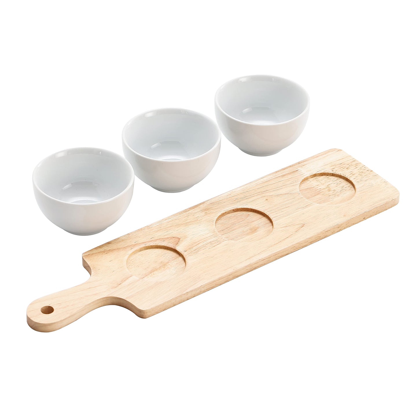 Bico White Porcelain Dipping Bowl Set (12oz bowls with 18 inch wooden platter), for Sauce, Nachos, Snacks, Microwave & Dishwasher Safe