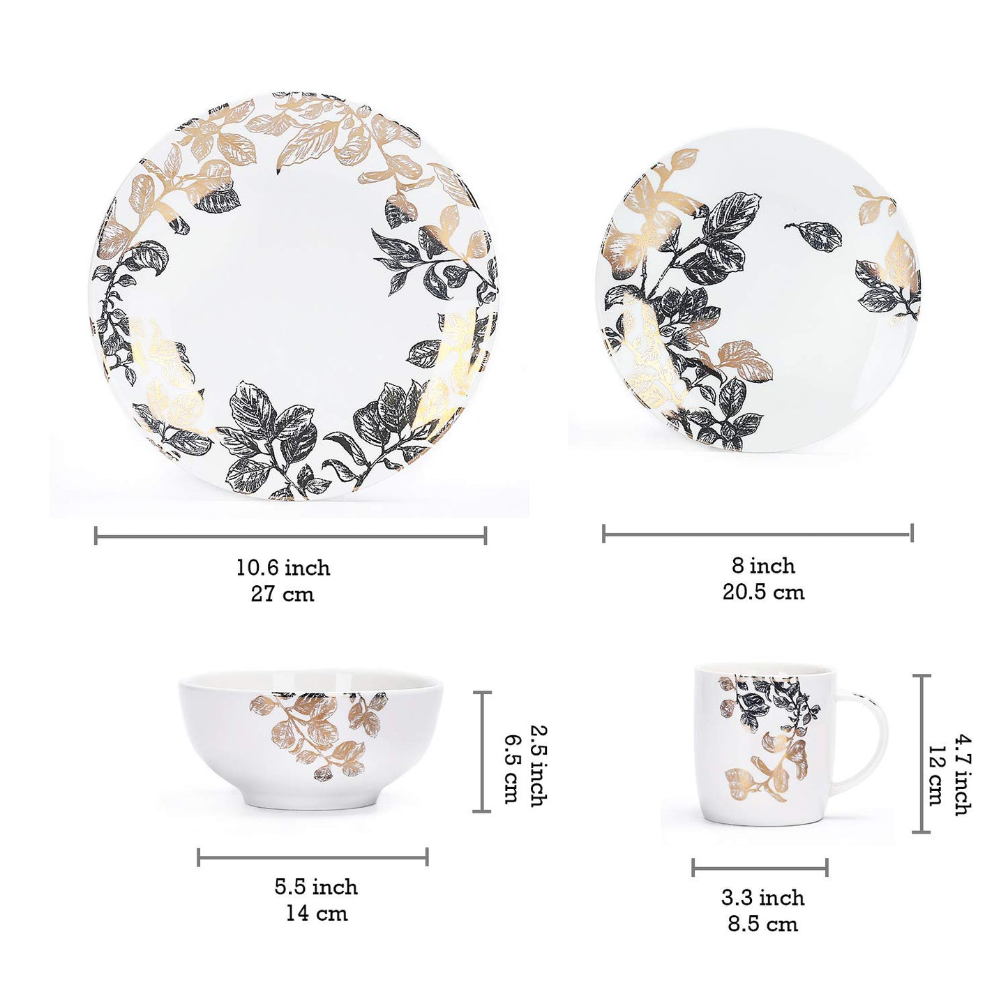 Bico Golden Leaves Porcelain Dinnerware Set of 16, Place Setting Service for 4, Microwave & Dishwasher Safe