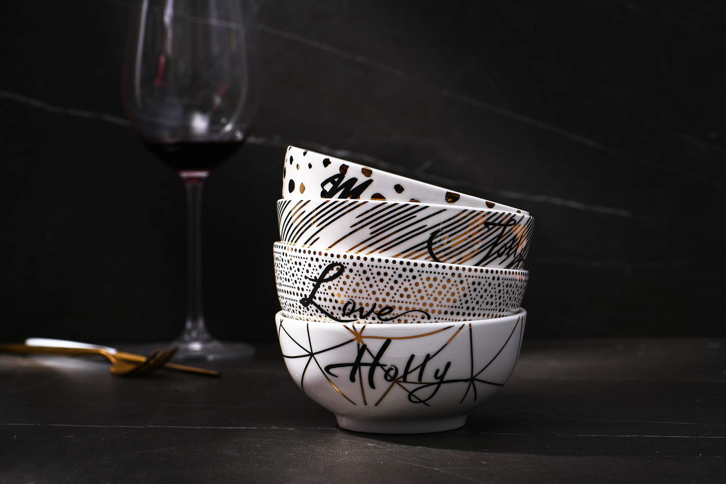 Bico Golden Holiday Porcelain Cereal Bowls Set of 4, for Pasta, Salad, Cereal, Soup & Microwave & Dishwasher Safe