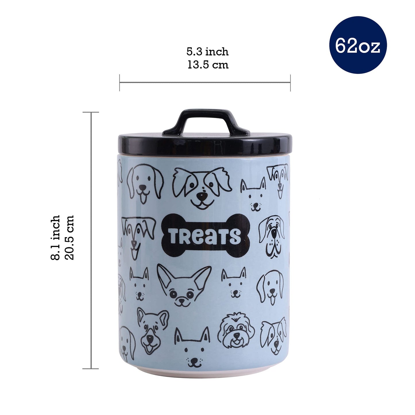 Bico Blue Dog Ceramic Treat Jar, for Dog and Puppy, Dishwasher Safe