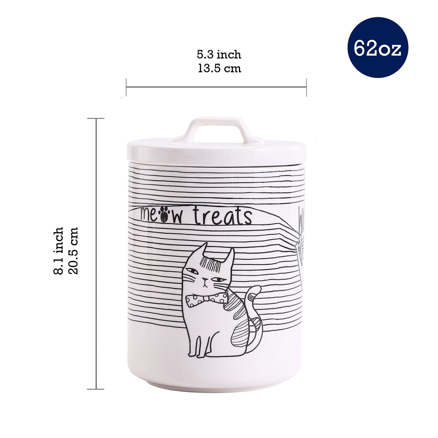 Bico Linear Cartoon Kitty Ceramic Treat Jar, for Cat and Kitten, Dishwasher Safe