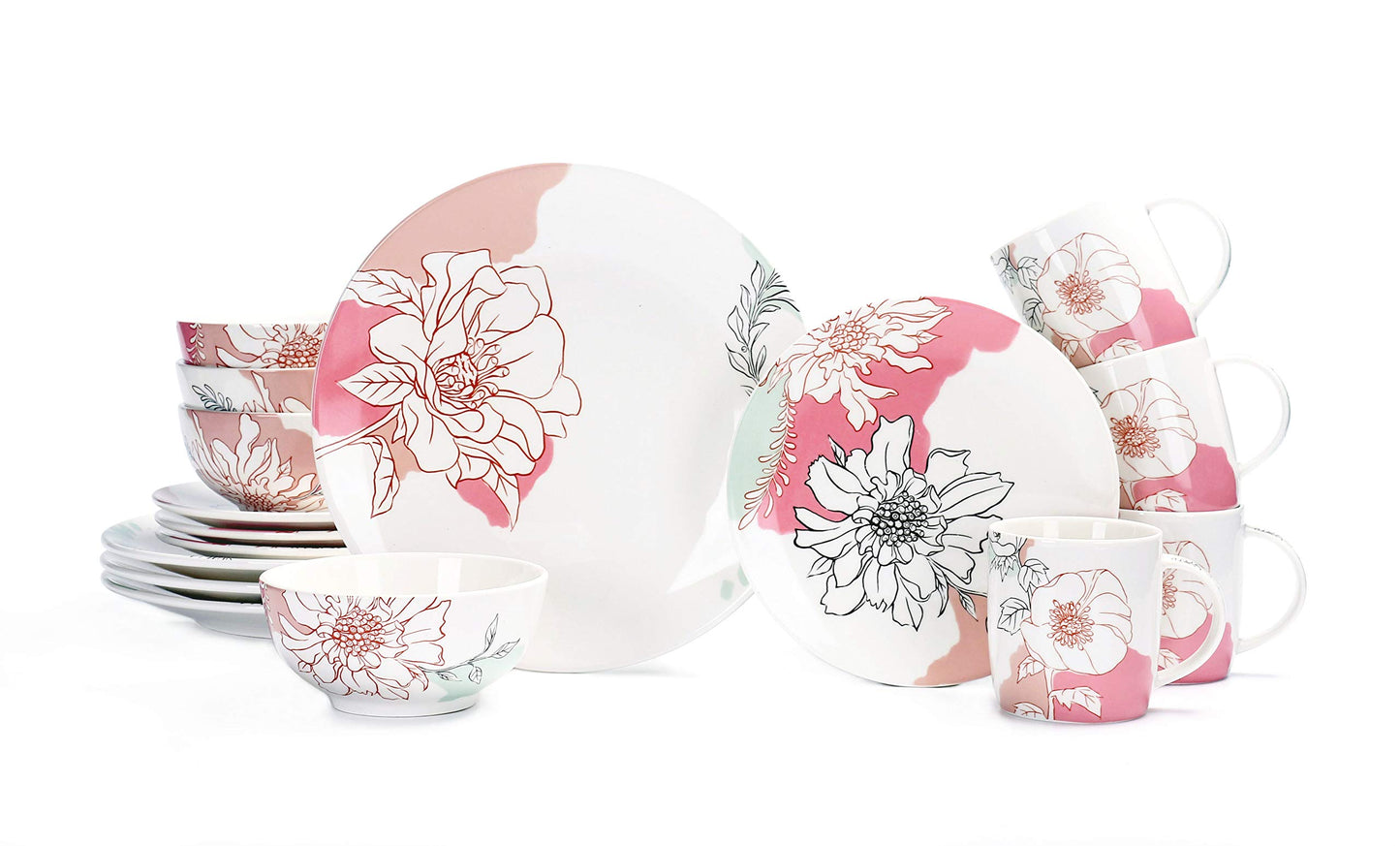 Bico Blooming Garden Dream Porcelain Dinnerware Set of 16, Place Setting Service for 4, Microwave & Dishwasher Safe