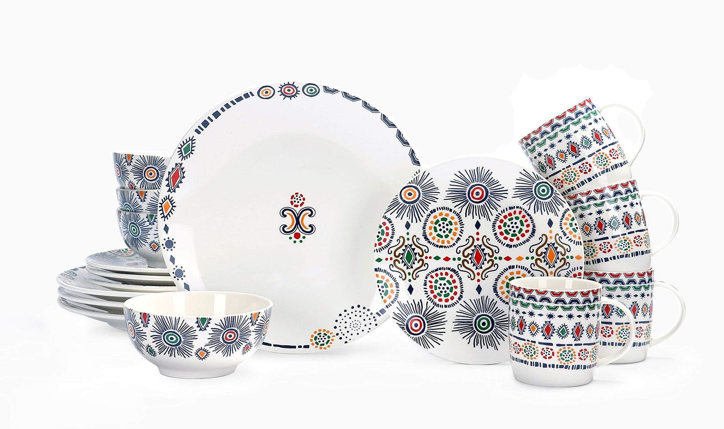 Bico Mexicana Fireworks Porcelain Dinnerware Set of 16, Place Setting Service for 4, Microwave & Dishwasher Safe