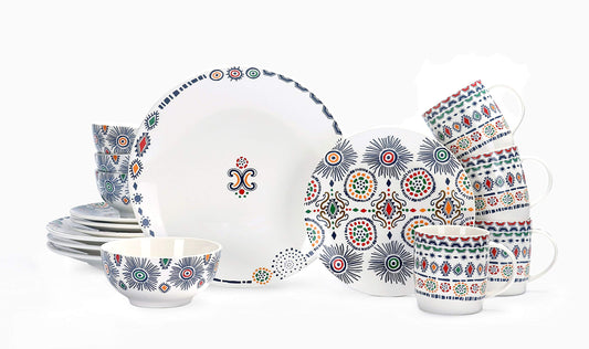 Bico Mexicana Fireworks Porcelain Dinnerware Set of 16, Place Setting Service for 4, Microwave & Dishwasher Safe