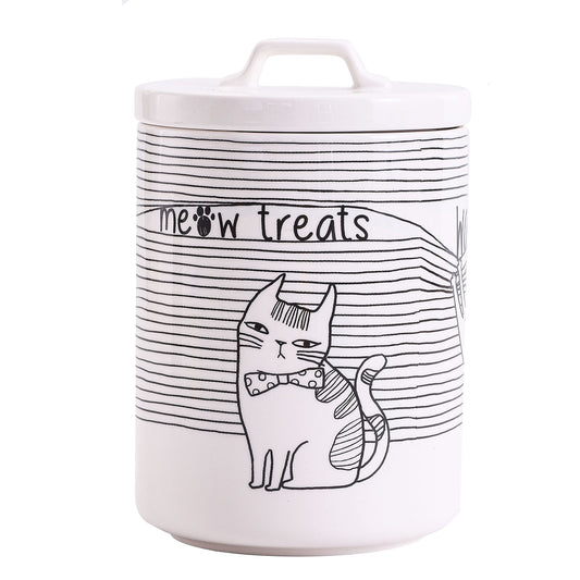 Bico Linear Cartoon Kitty Ceramic Treat Jar, for Cat and Kitten, Dishwasher Safe