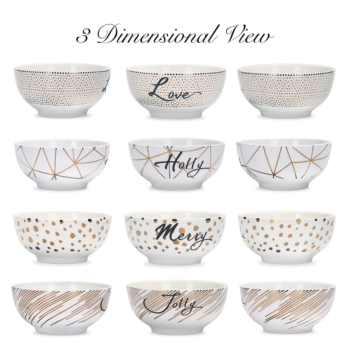 Bico Golden Holiday Porcelain Cereal Bowls Set of 4, for Pasta, Salad, Cereal, Soup & Microwave & Dishwasher Safe