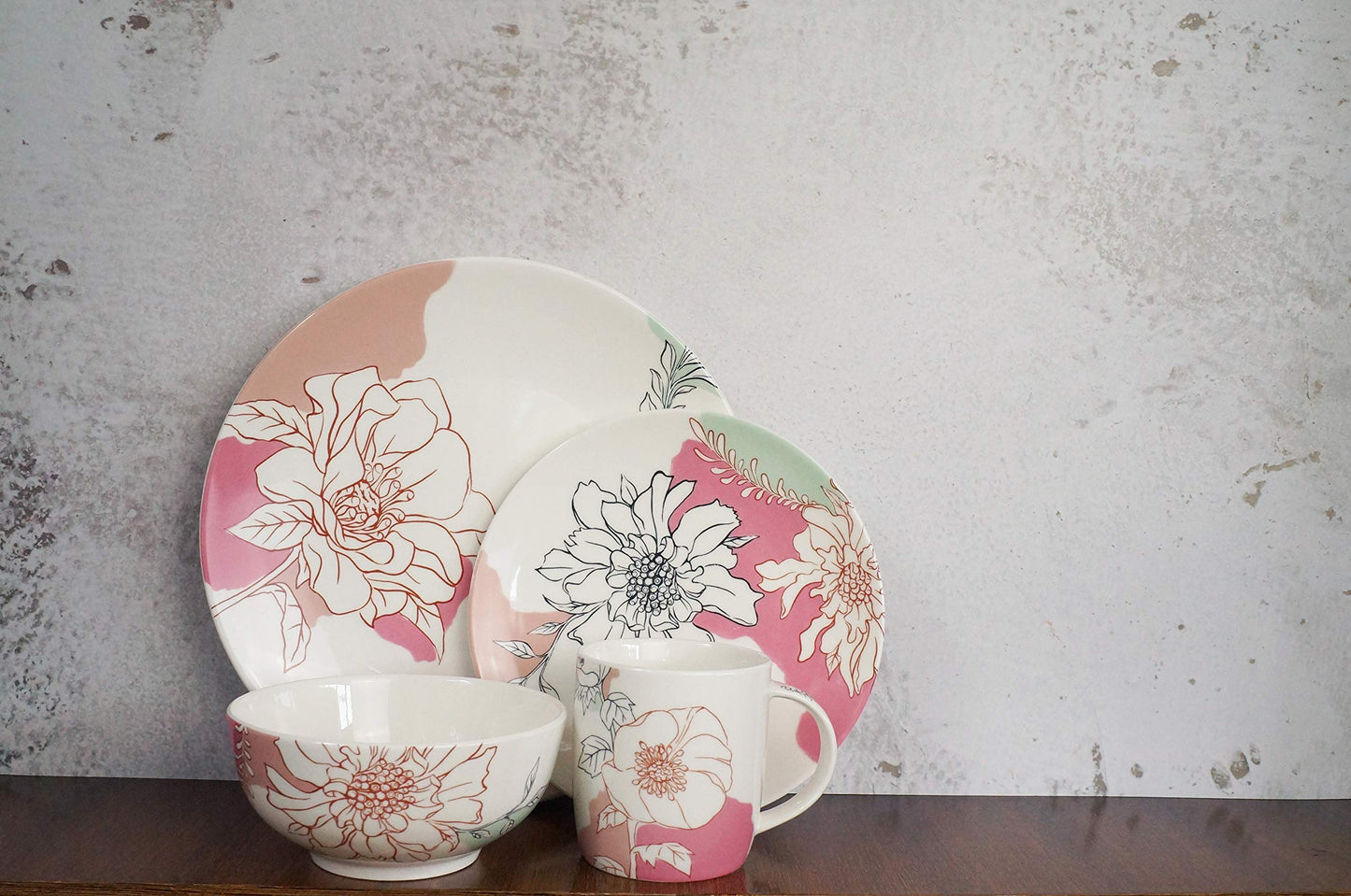 Bico Blooming Garden Dream Porcelain Dinnerware Set of 16, Place Setting Service for 4, Microwave & Dishwasher Safe