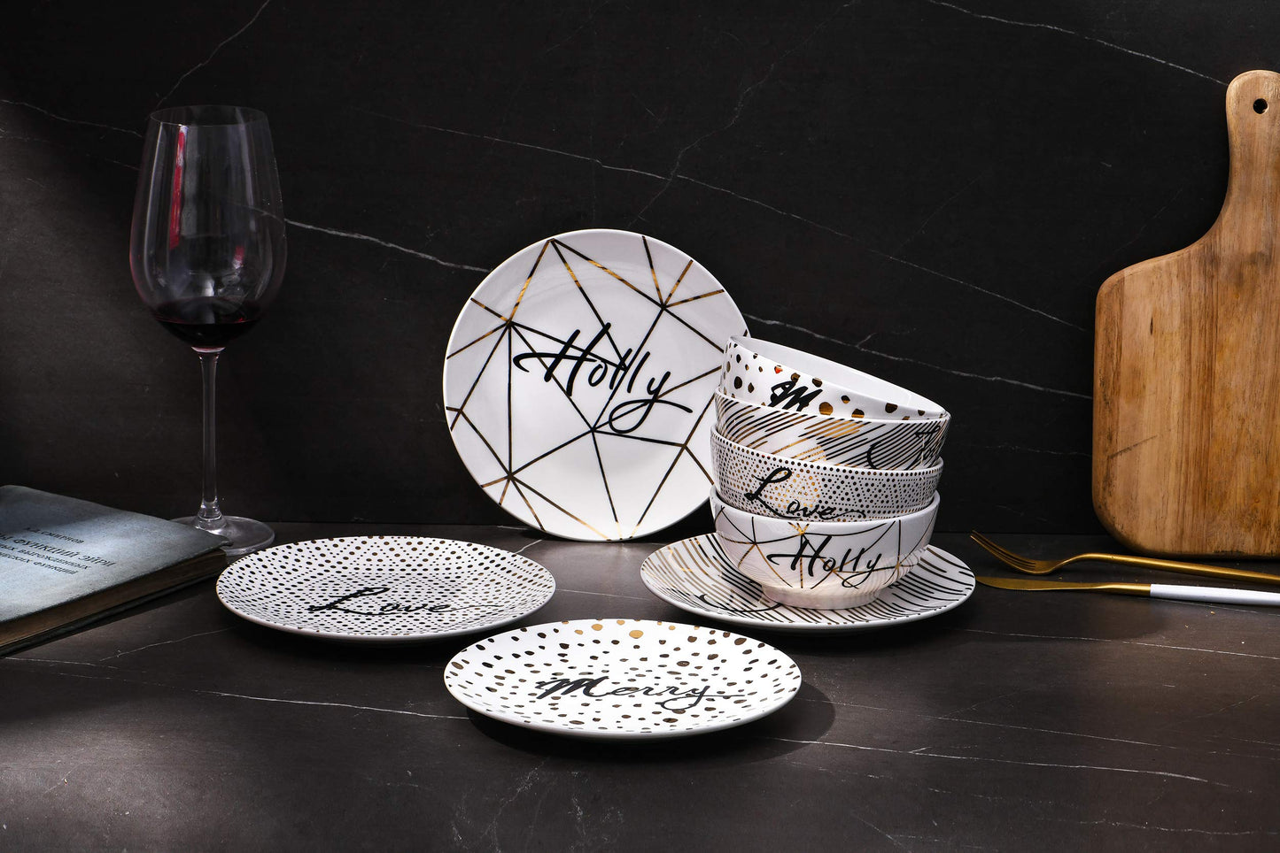 Bico Golden Holiday Porcelain Cereal Bowls Set of 4, for Pasta, Salad, Cereal, Soup & Microwave & Dishwasher Safe