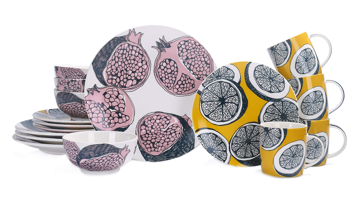 Bico Summer Fruits Banquet Porcelain Dinnerware Set of 16, Place Setting Service for 4, Microwave & Dishwasher Safe