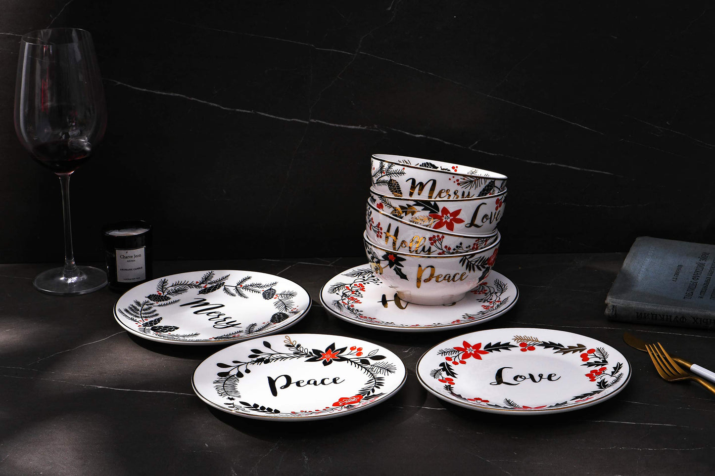 Bico Christmas Wreath Holiday Porcelain Cereal Bowls Set of 4, for Pasta, Salad, Cereal, Soup & Microwave & Dishwasher Safe