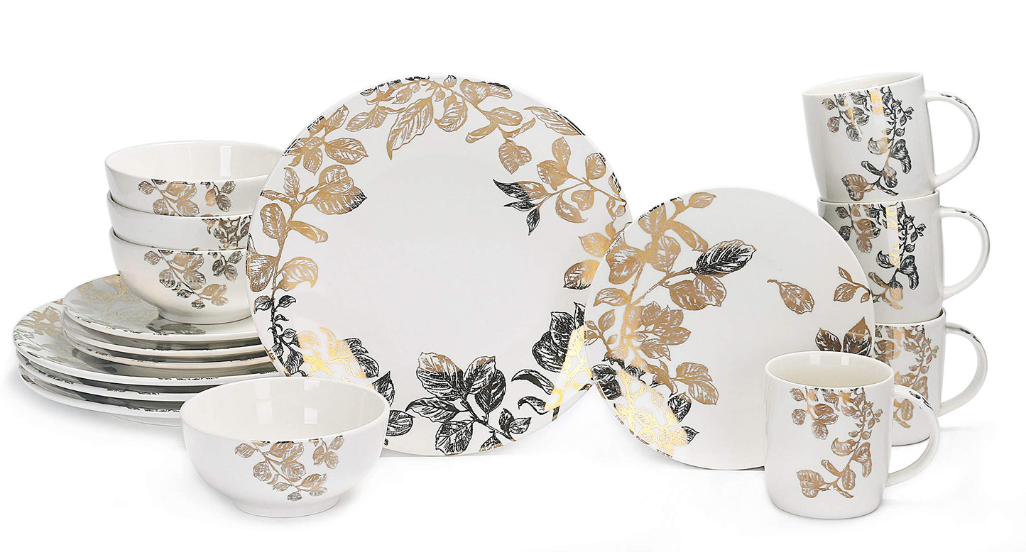 Bico Golden Leaves Porcelain Dinnerware Set of 16, Place Setting Service for 4, Microwave & Dishwasher Safe