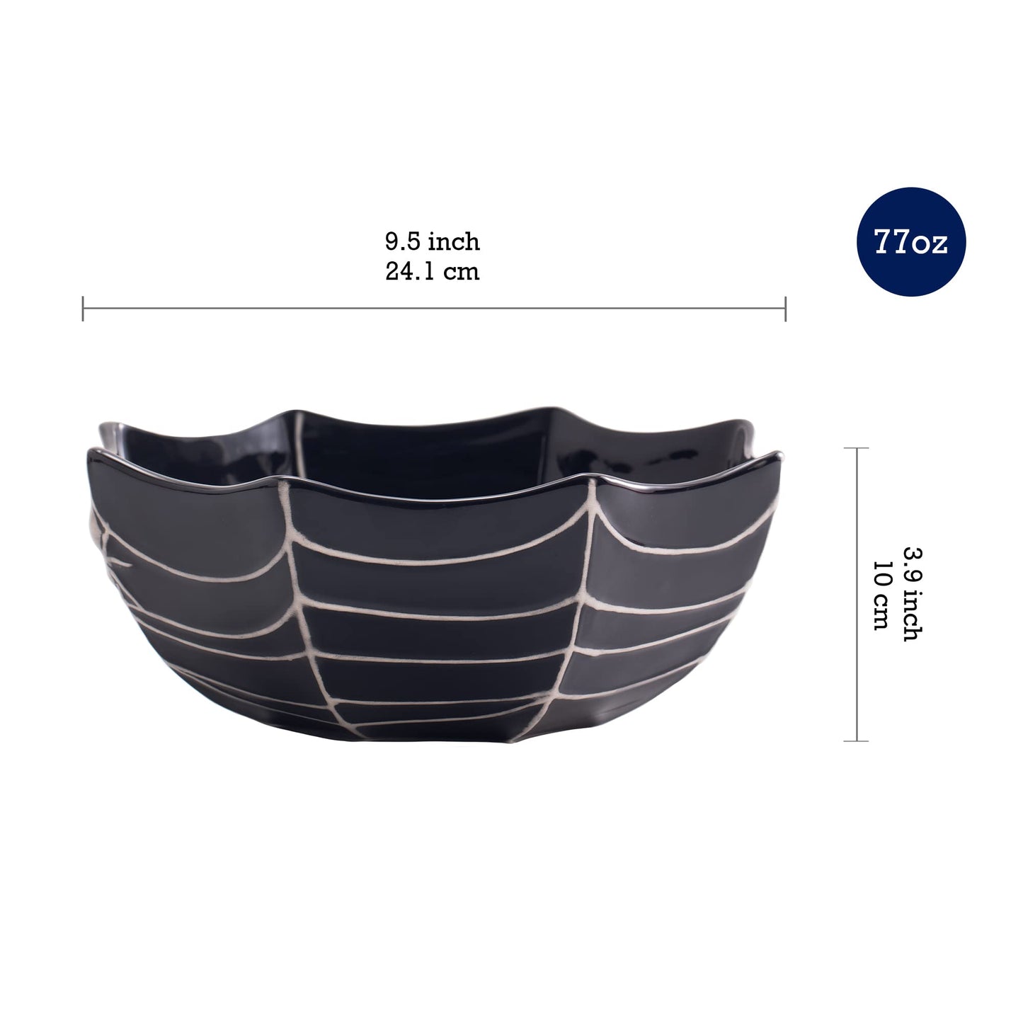 Bico Halloween Spider Web 9.5 inch Black Candy Ceramic Serving Bowl, for treats, chocolates, cookiess, Microwave and Dishwasher Safe