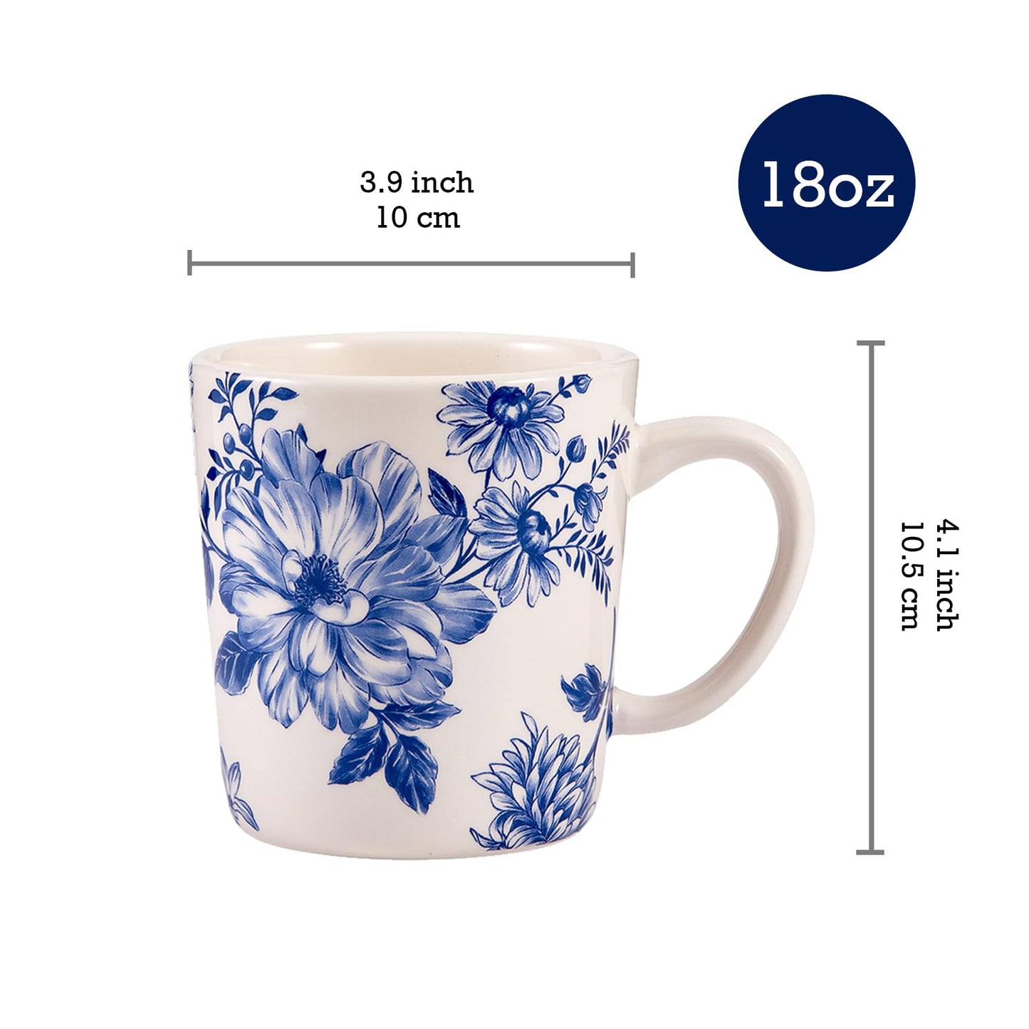 Bico Blue Floral Haven Haven Ceramic Mugs, Set of 4, for Coffee, Tea, Drinks, Microwave & Dishwasher Safe