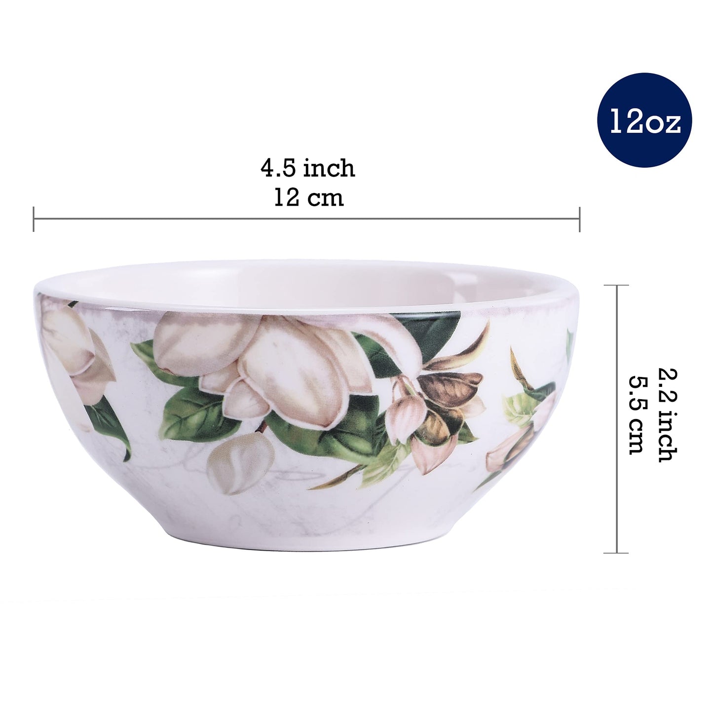 Bico Magnolia Floral Dessert Bowls Set of 6, Ceramic, 12oz, for Ice Cream, Salad, Cereal, Dipping Sauce, Microwave & Dishwasher Safe