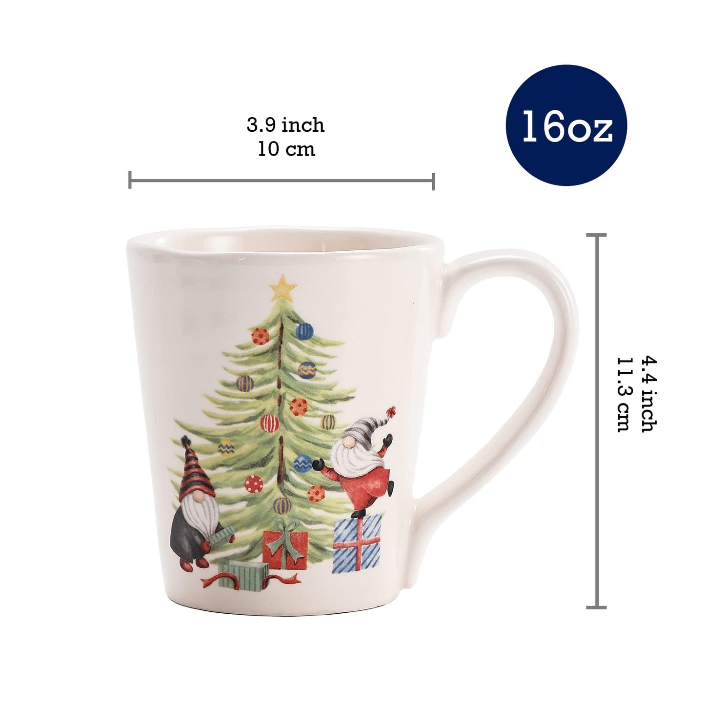 Bico Christmas Gnomes and Christmas Tree Ceramic Mugs, Set of 4, for Coffee, Tea, Drinks, Microwave & Dishwasher Safe