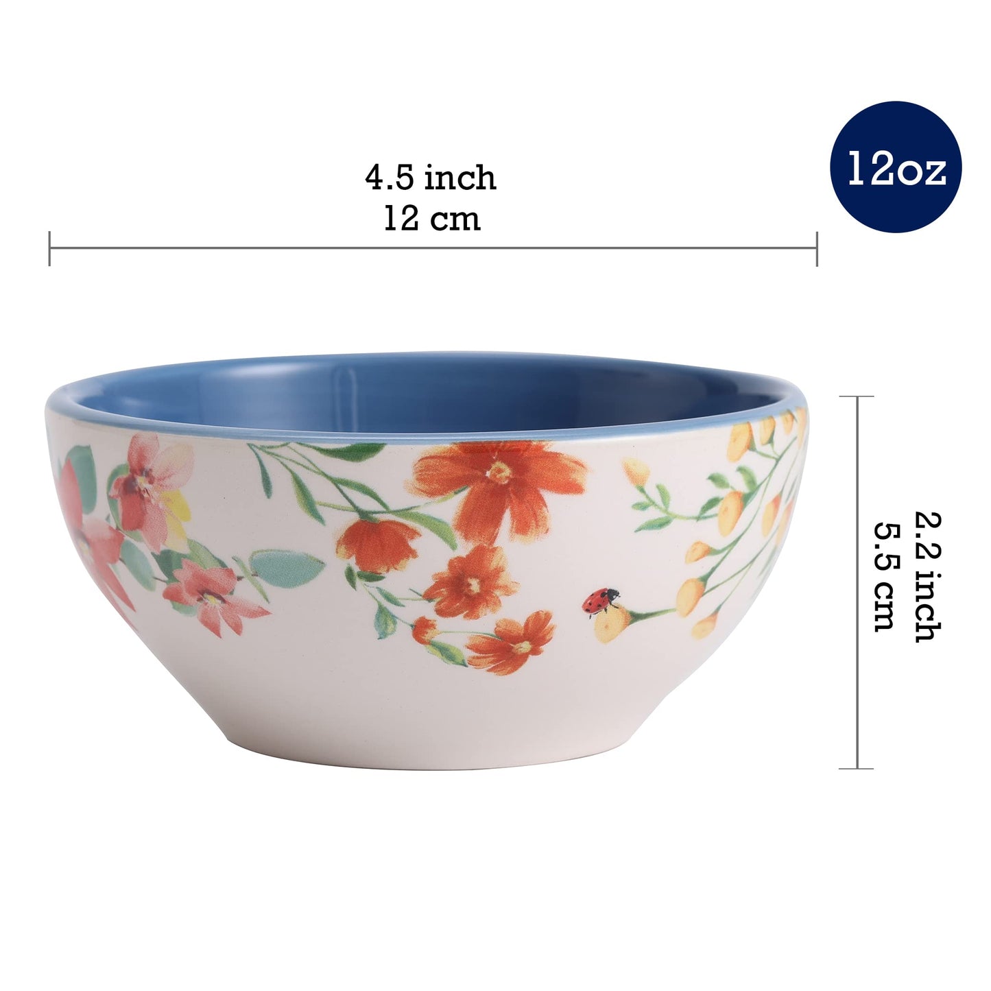 Bico Summer Provence Dessert Bowls Set of 6, Ceramic, 12oz, for Ice Cream, Salad, Cereal, Dipping Sauce, Microwave & Dishwasher Safe