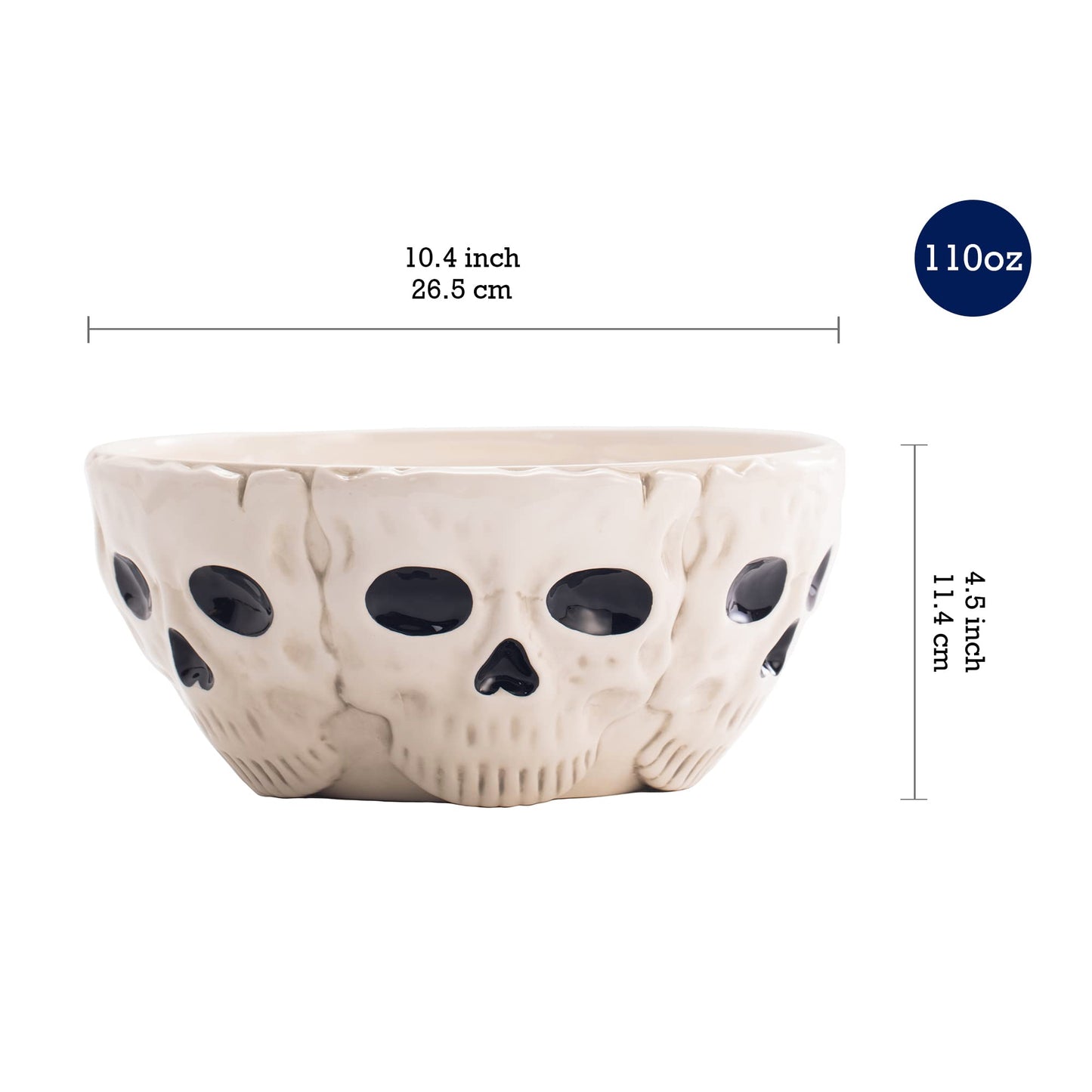 Bico Halloween Skull 10.4 inch White Candy Ceramic Serving Bowl, for treats, chocolates, cookies, Microwave and Dishwasher Safe