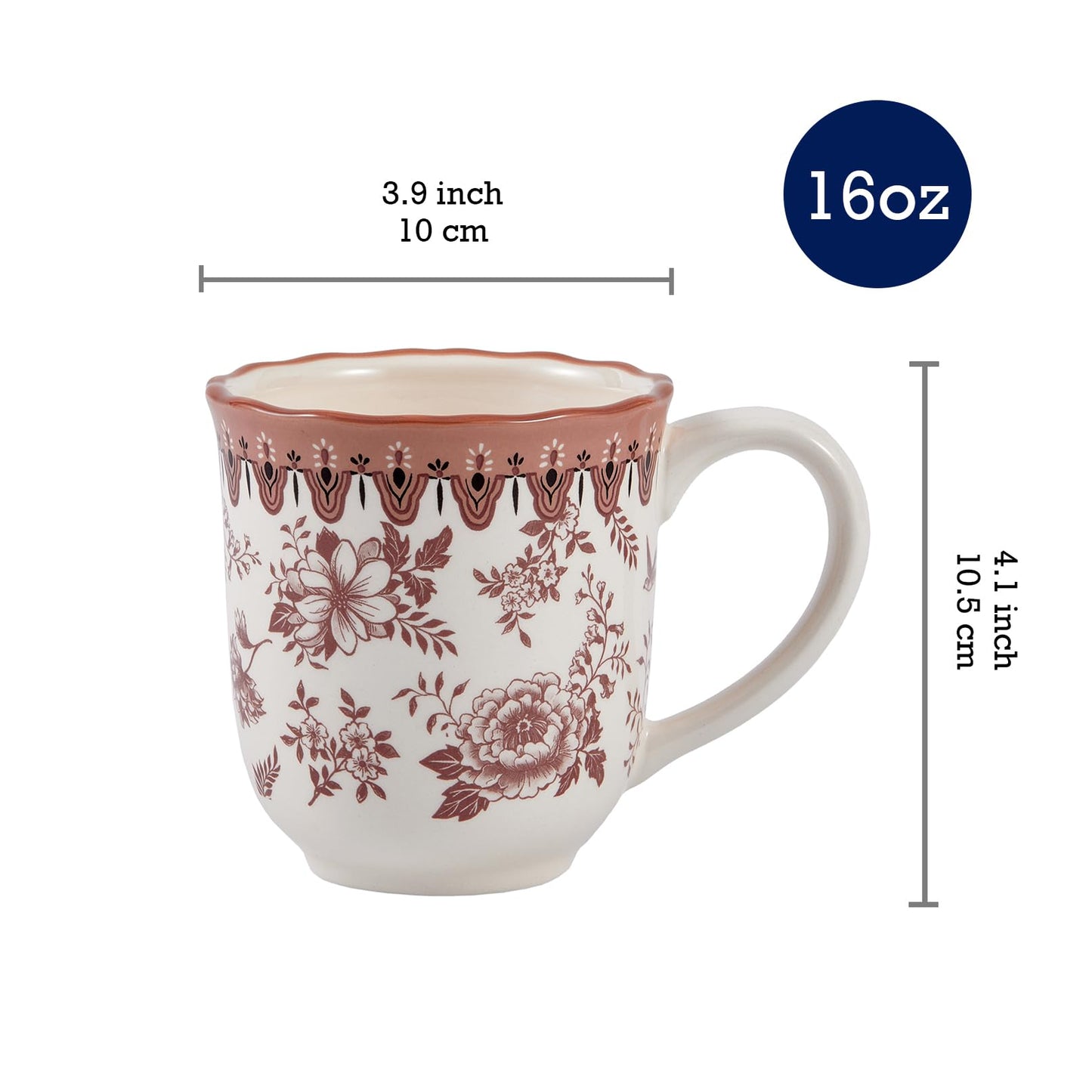 Bico Country Wanderlust Scalloped Ceramic Mugs, Set of 4, for Coffee, Tea, Drinks, Microwave & Dishwasher Safe