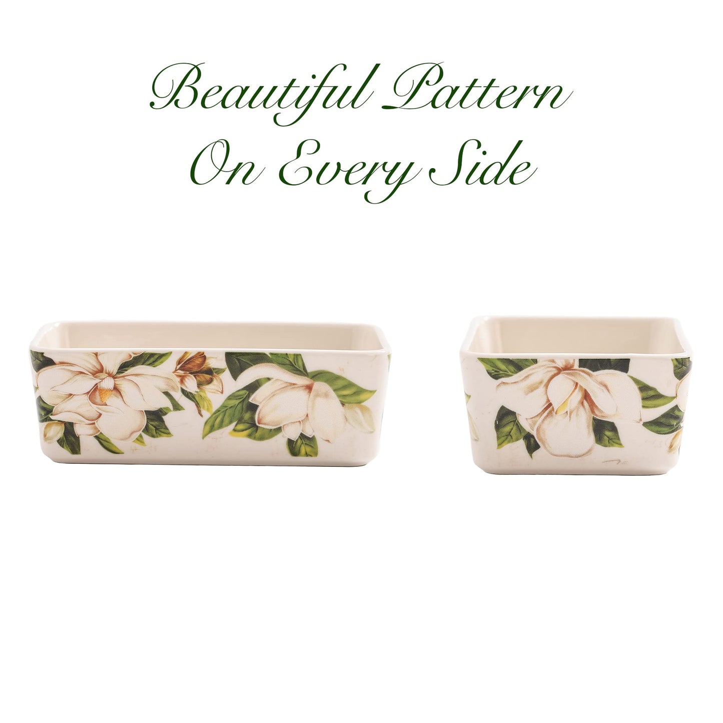 Bico Magnolia Floral Stoneware Casserole Dish Set, Set of 2, Lasagna Pan, Rectangular Baking Pan, Small Baking Dish, Microwave, Dishwasher and Oven Safe