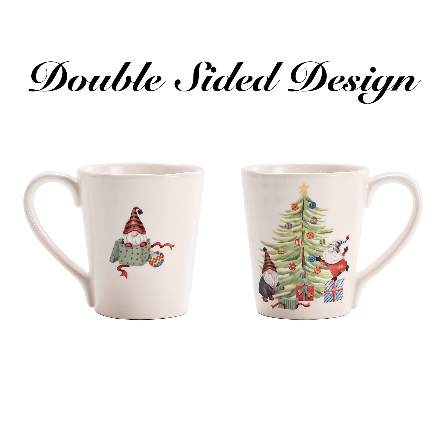 Bico Christmas Gnomes and Christmas Tree Ceramic Mugs, Set of 4, for Coffee, Tea, Drinks, Microwave & Dishwasher Safe