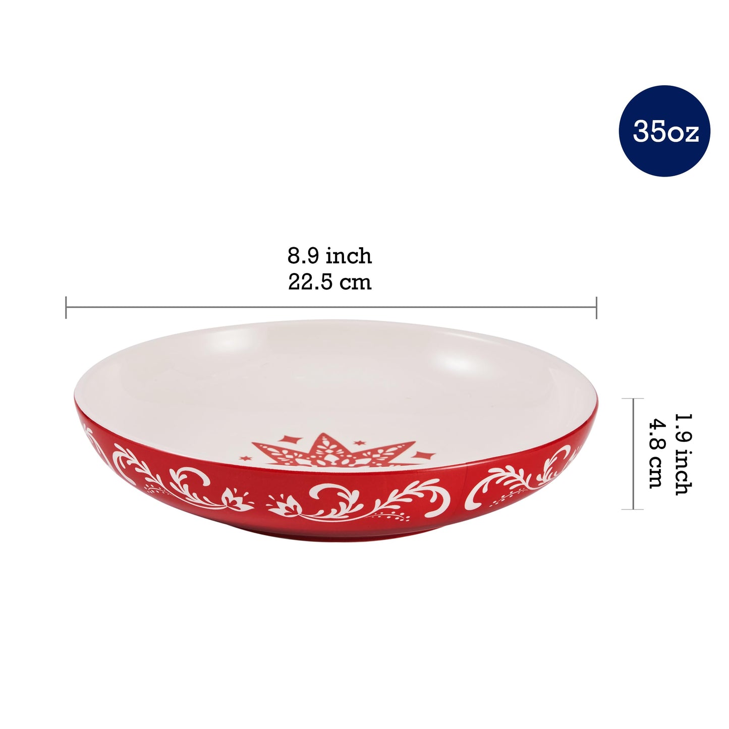 Bico Holly Jolly Ceramic 35oz Dinner Bowls, Set of 4, for Pasta, Salad, Cereal, Soup & Microwave & Dishwasher Safe