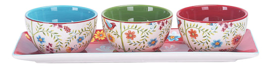 Bico Red Spring Bird Ceramic Dipping Bowl Set (9oz bowls with 14 inch platter), for Sauce, Nachos, Snacks, Microwave & Dishwasher Safe