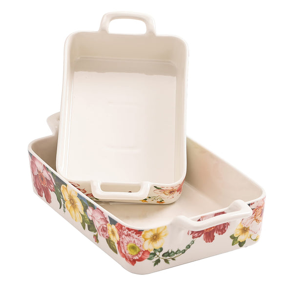 Bico Magnolia Floral Stoneware Baking Dish Set, Set of 2, Large & Medium Rectangular Baking Pan Set, Lasagna Pan, Casserole Dish, Microwave