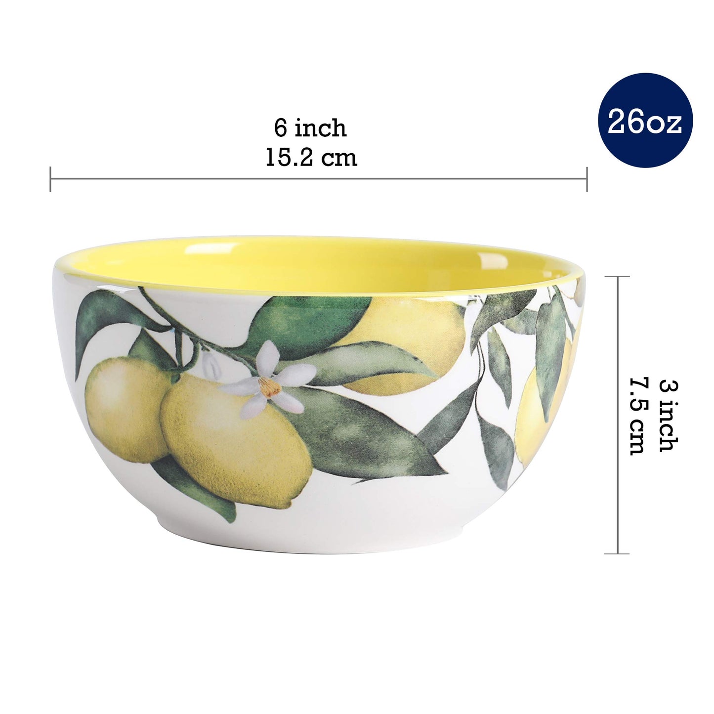 Bico Lemon Dreams Ceramic Bowls Set of 4, 26oz, for Pasta, Salad, Cereal, Soup & Microwave & Dishwasher Safe