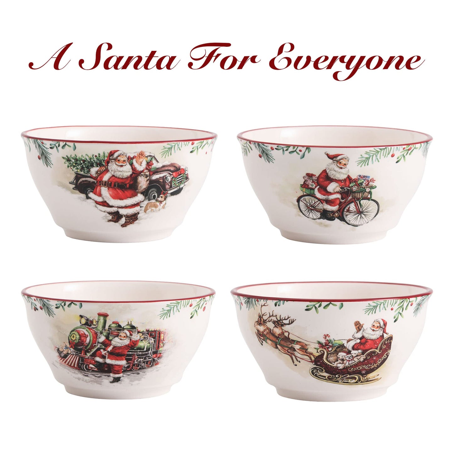 Bico Santa On The Way Ceramic Cereal Bowls, Set of 4, for Pasta, Salad, Cereal, Soup & Microwave & Dishwasher Safe