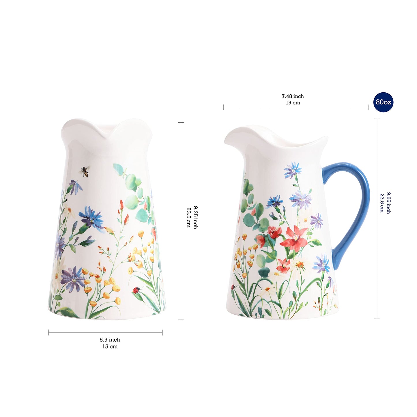 Bico Summer Provence Ceramic 2.5 Quarts Pitcher with Handle, Decorative Vase for Flower Arrangements, Dishwasher Safe