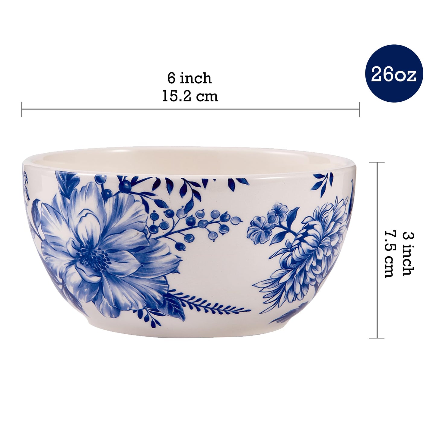 Bico Blue Floral Haven Ceramic Cereal Bowls Set of 4, 26oz, for Pasta, Salad, Cereal, Soup & Microwave & Dishwasher Safe