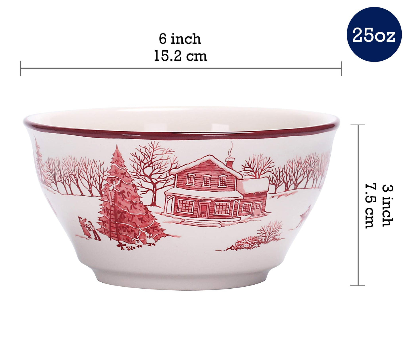 Bico Toile de Jouy Winter Wonderland 25oz Cereal Bowls, Set of 4, for Pasta, Salad, Cereal, Soup & Microwave & Dishwasher Safe