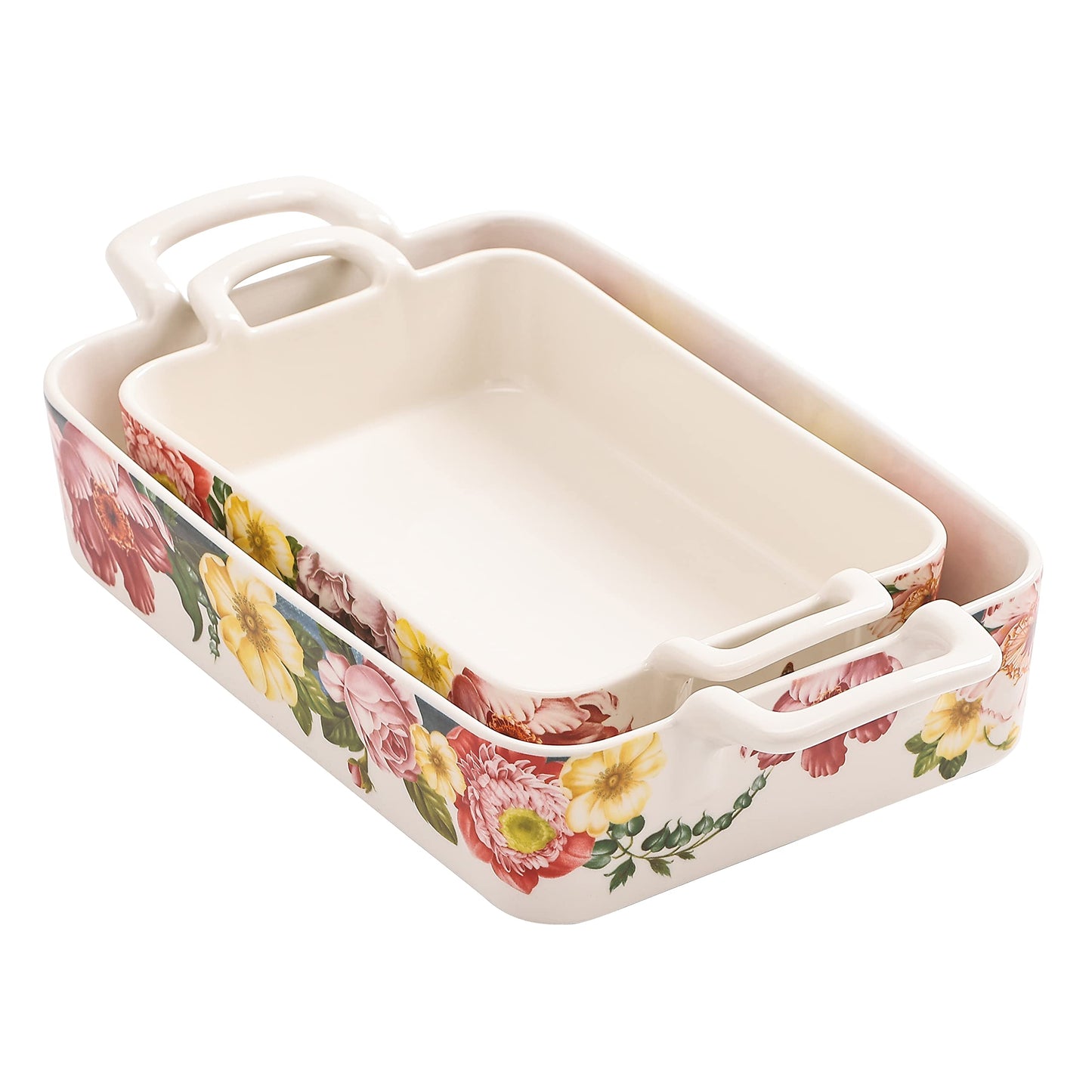 Bico Peony Heaven Stoneware Baking Dish Set, Set of 2, Large & Medium Rectangular Baking Pan Set, Lasagna Pan, Casserole Dish, Microwave, Dishwasher and Oven Safe