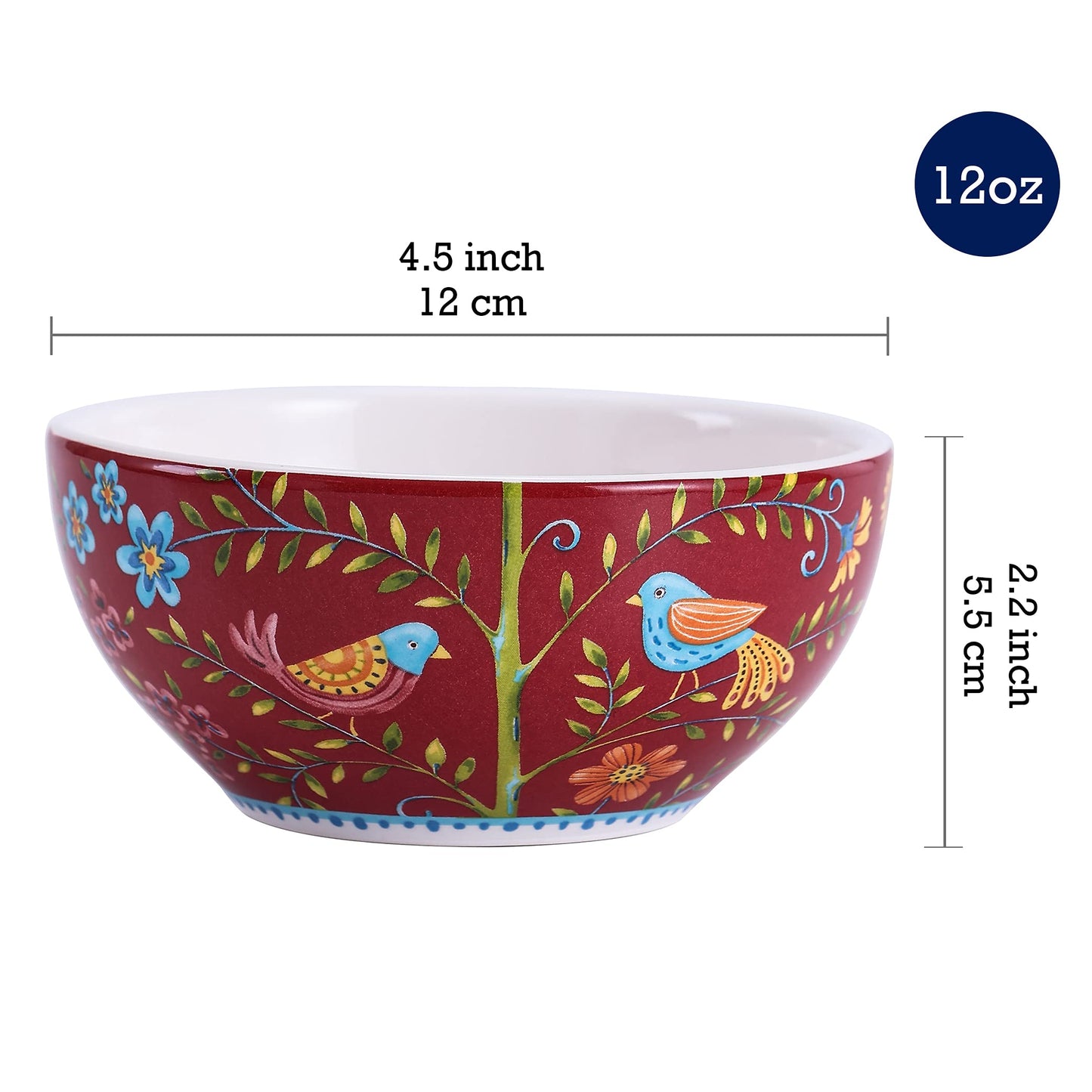 Bico Red Spring Bird Dessert Bowls Set of 6, Ceramic, 12oz, for Ice Cream, Salad, Cereal, Dipping Sauce, Microwave & Dishwasher Safe