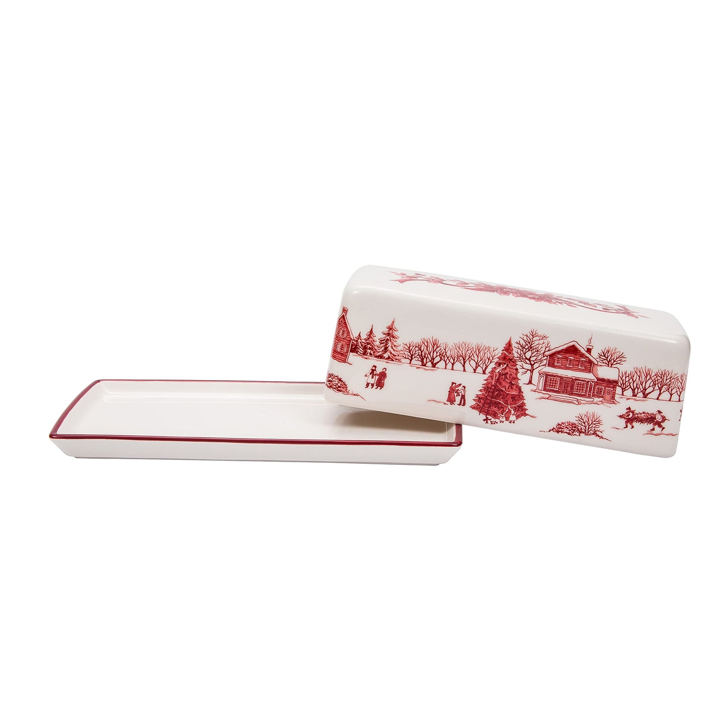 Bico Toile De Jouy Winter Wonderland Ceramic Butter Dish with Lid, Butter Keeper for Counter, Kitchen, Dishwasher Safe