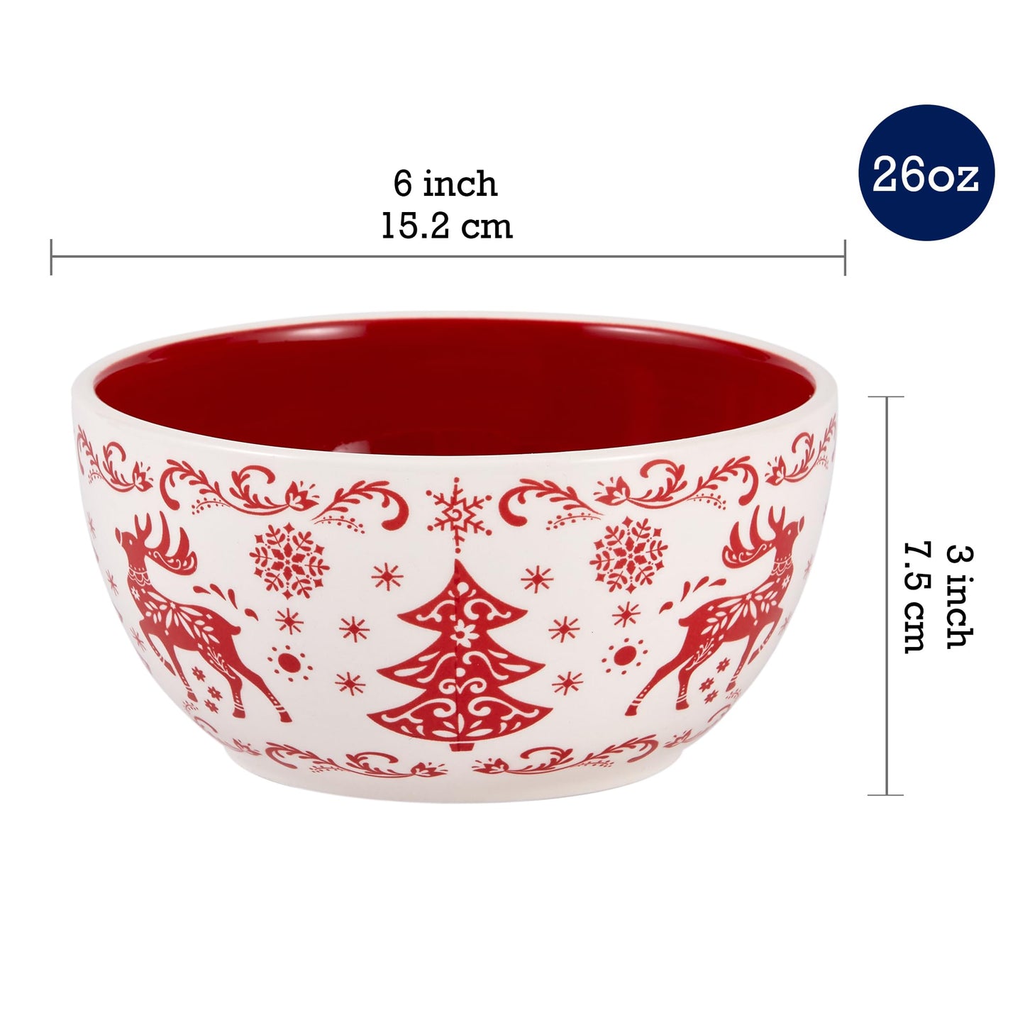 Bico Holly Jolly Ceramic Cereal Bowls Set of 4, 26oz, for Pasta, Salad, Cereal, Soup & Microwave & Dishwasher Safe