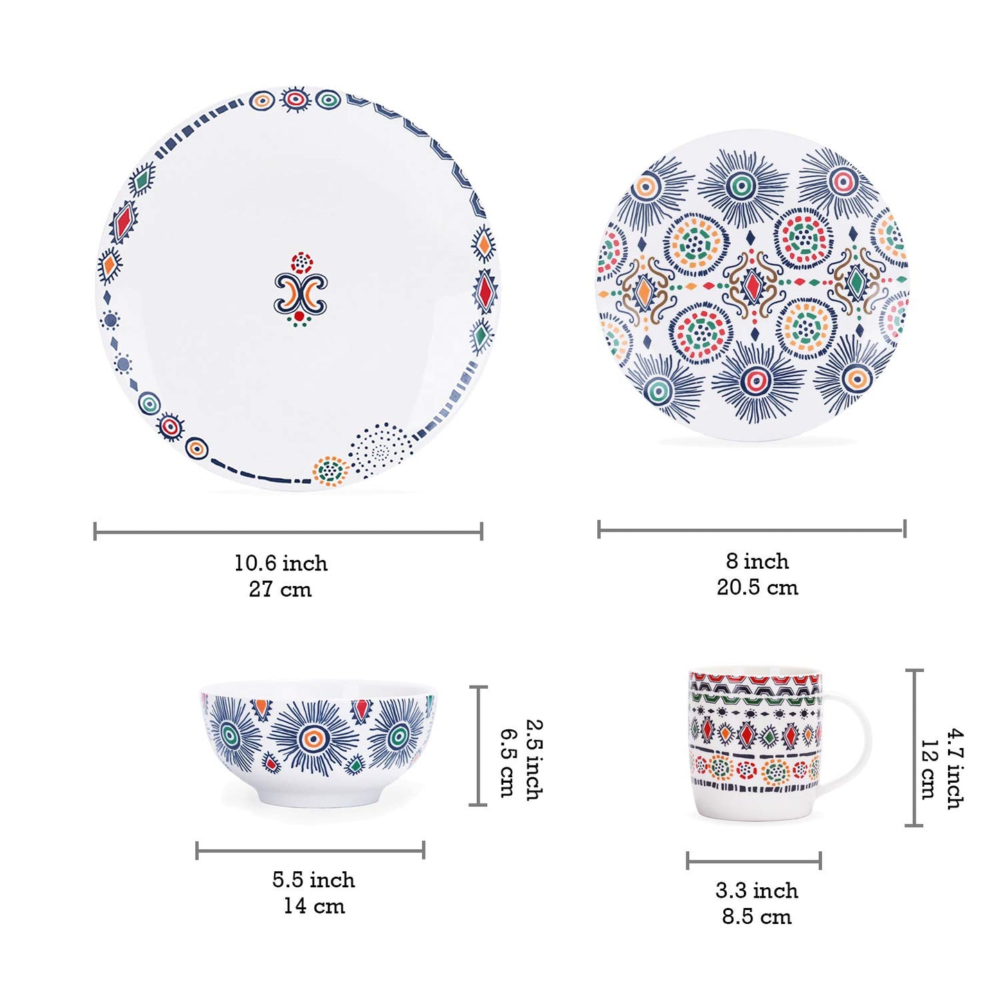 Bico Mexicana Fireworks Porcelain Dinnerware Set of 16, Place Setting Service for 4, Microwave & Dishwasher Safe