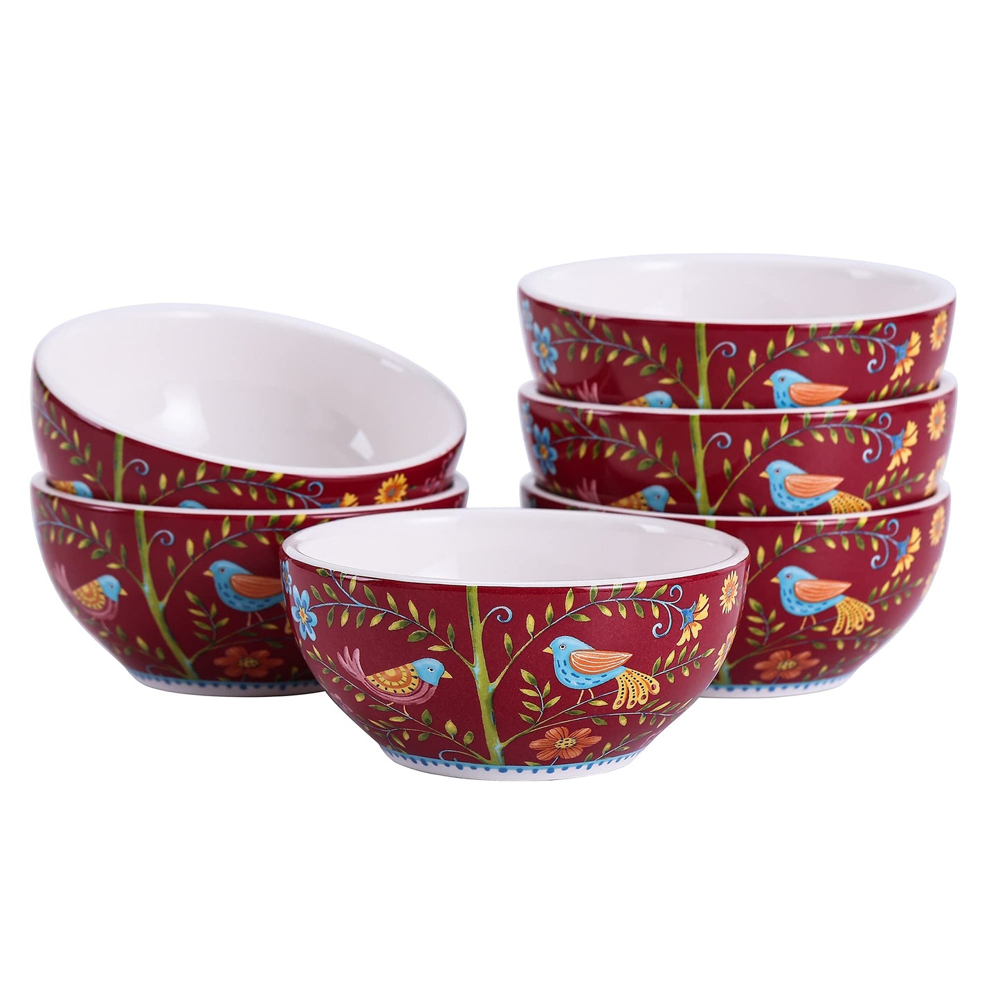 Bico Red Spring Bird Dessert Bowls Set of 6, Ceramic, 12oz, for Ice Cream, Salad, Cereal, Dipping Sauce, Microwave & Dishwasher Safe