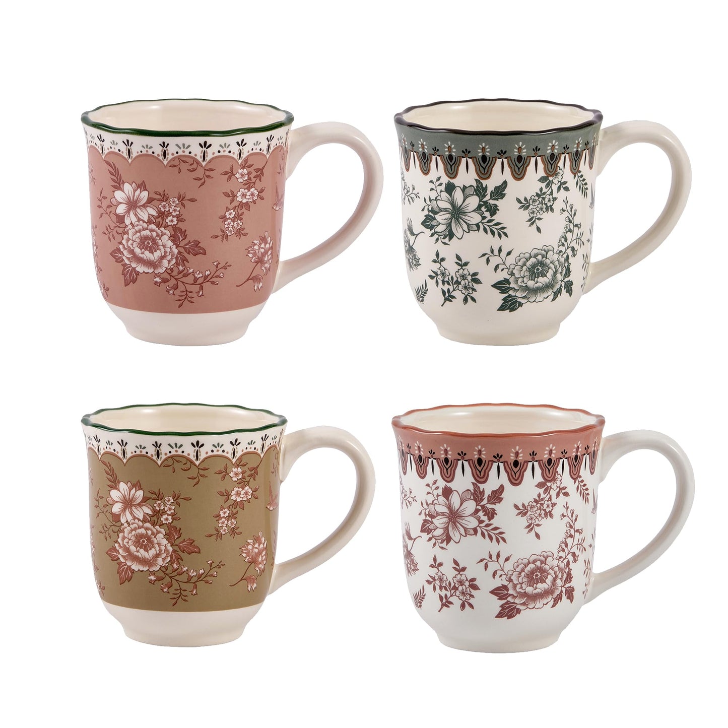 Bico Country Wanderlust Scalloped Ceramic Mugs, Set of 4, for Coffee, Tea, Drinks, Microwave & Dishwasher Safe