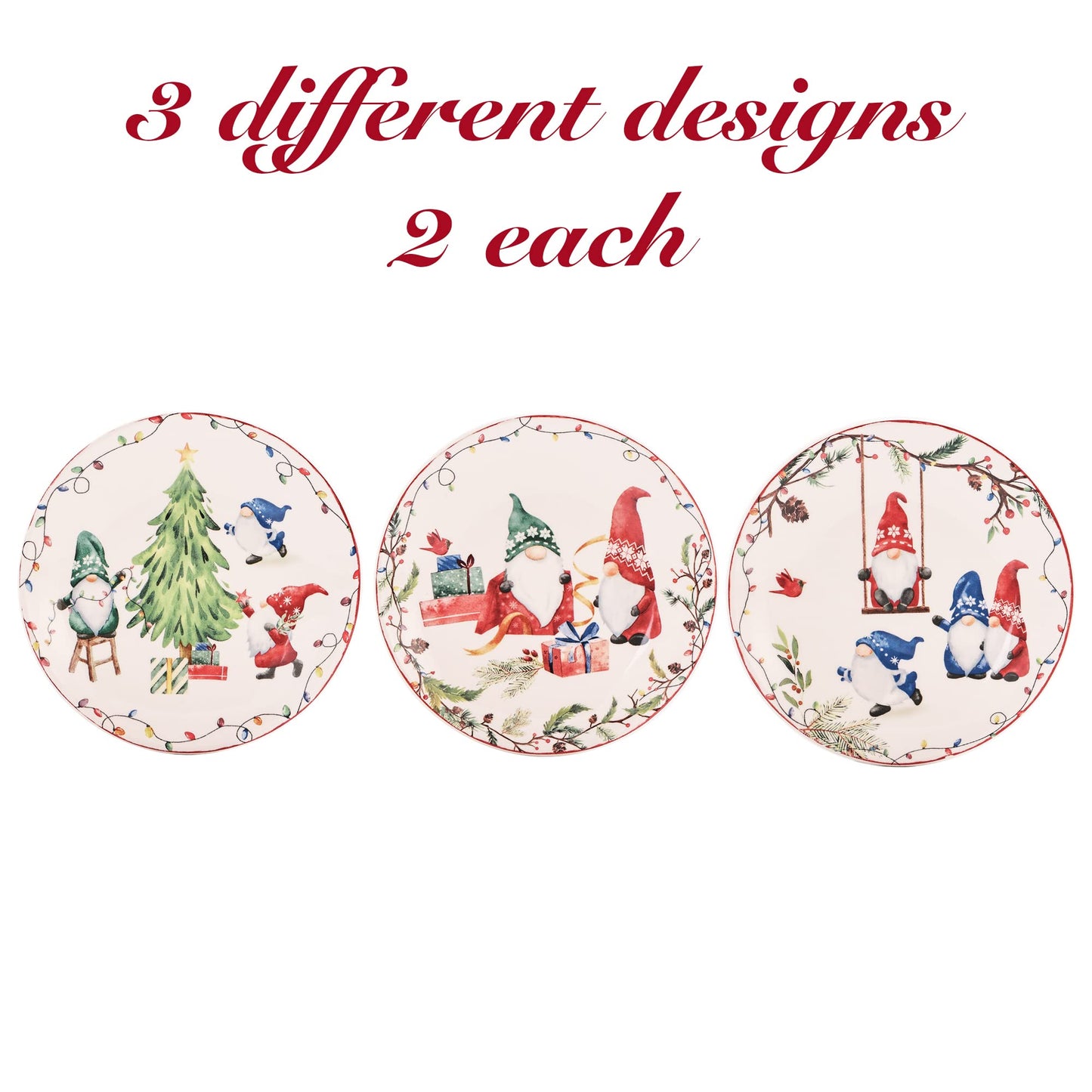 Bico Christmas Gnomes 6 inch Ceramic Appetizer Plate, Set of 6, for Salad, Appetizer, Snacks, Microwave & Dishwasher Safe