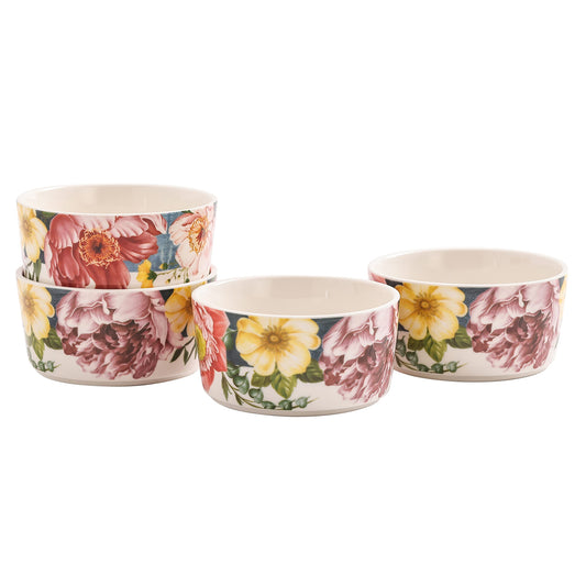 Bico Peony Heaven Stoneware 8oz Ramekin Set, Set of 4, Round Baking Bowl for Pudding, Creme Brulee, Souffle, Microwave, Dishwasher and Oven Safe