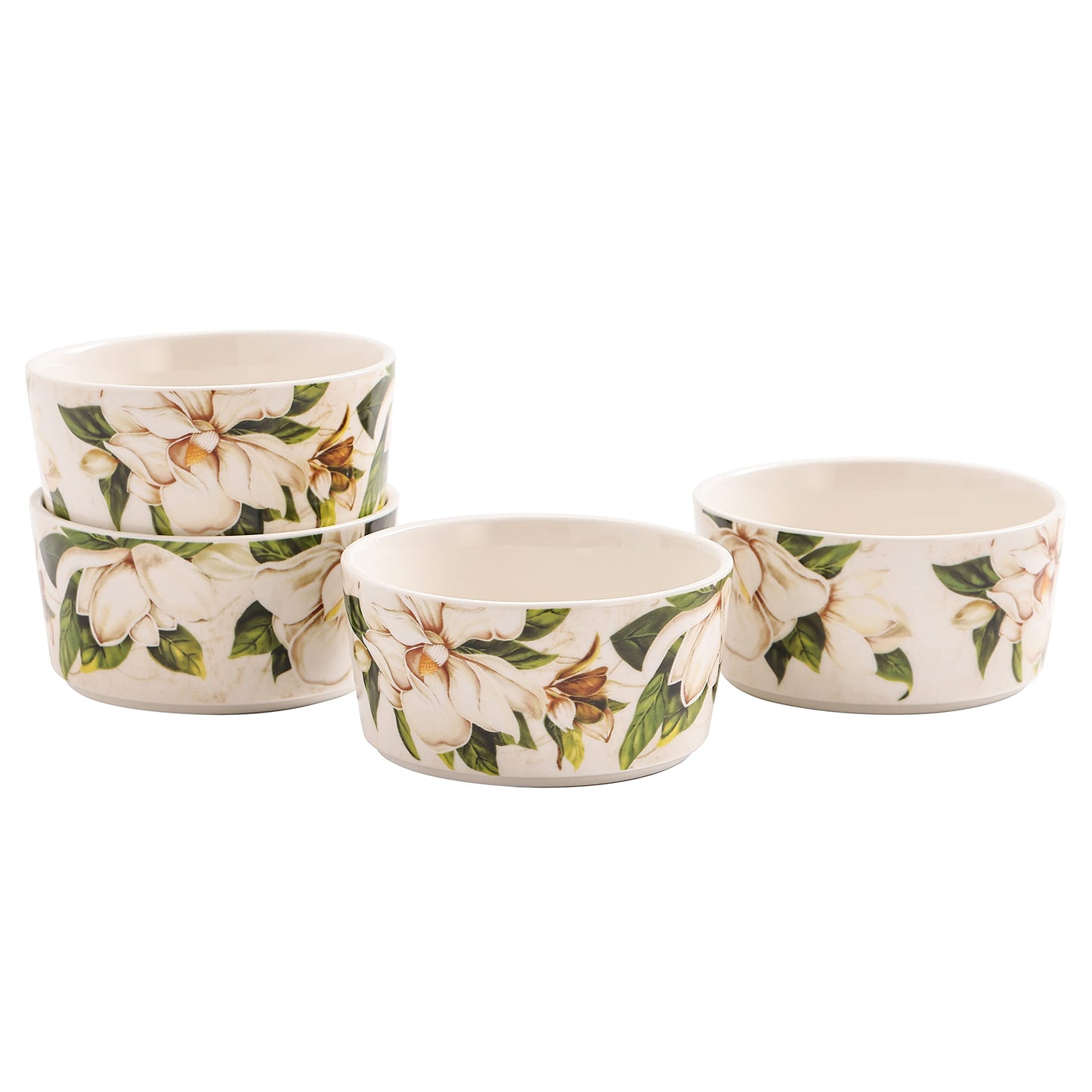 Bico Magnolia Floral Stoneware 8oz Ramekin Set, Set of 4, Round Baking Bowl for Pudding, Creme Brulee, Souffle, Microwave, Dishwasher and Oven Safe