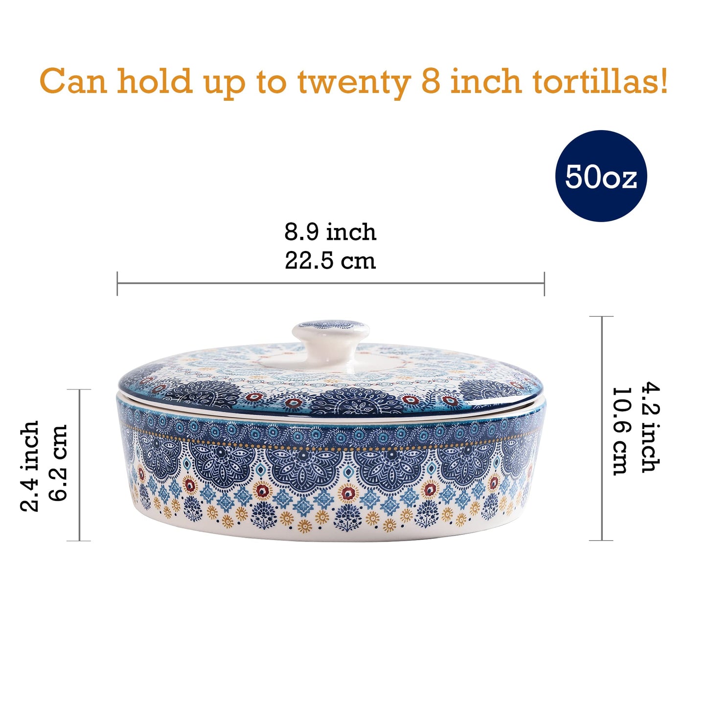 Bico Ceramic 8.8 inch Tortilla Warmer, Tortilla Server with Lid, Taco Holder for Mexican Fiesta Party, Taco Tuesday, Microwave and Dishwasher Safe