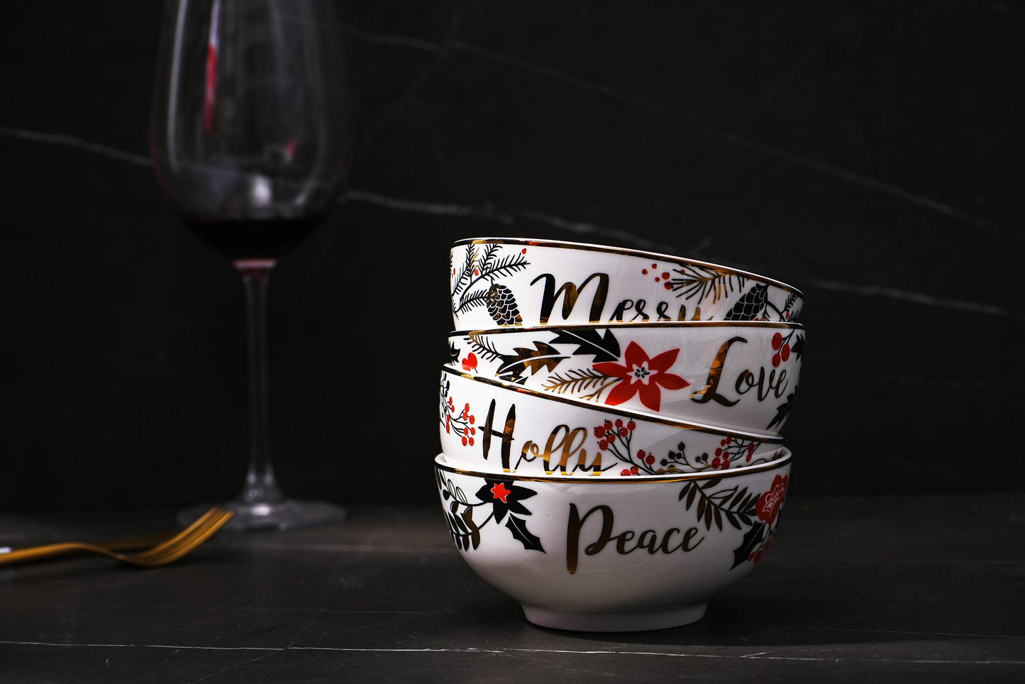 Bico Christmas Wreath Holiday Porcelain Cereal Bowls Set of 4, for Pasta, Salad, Cereal, Soup & Microwave & Dishwasher Safe
