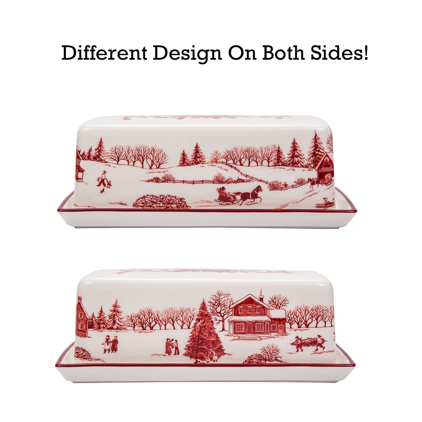 Bico Toile De Jouy Winter Wonderland Ceramic Butter Dish with Lid, Butter Keeper for Counter, Kitchen, Dishwasher Safe