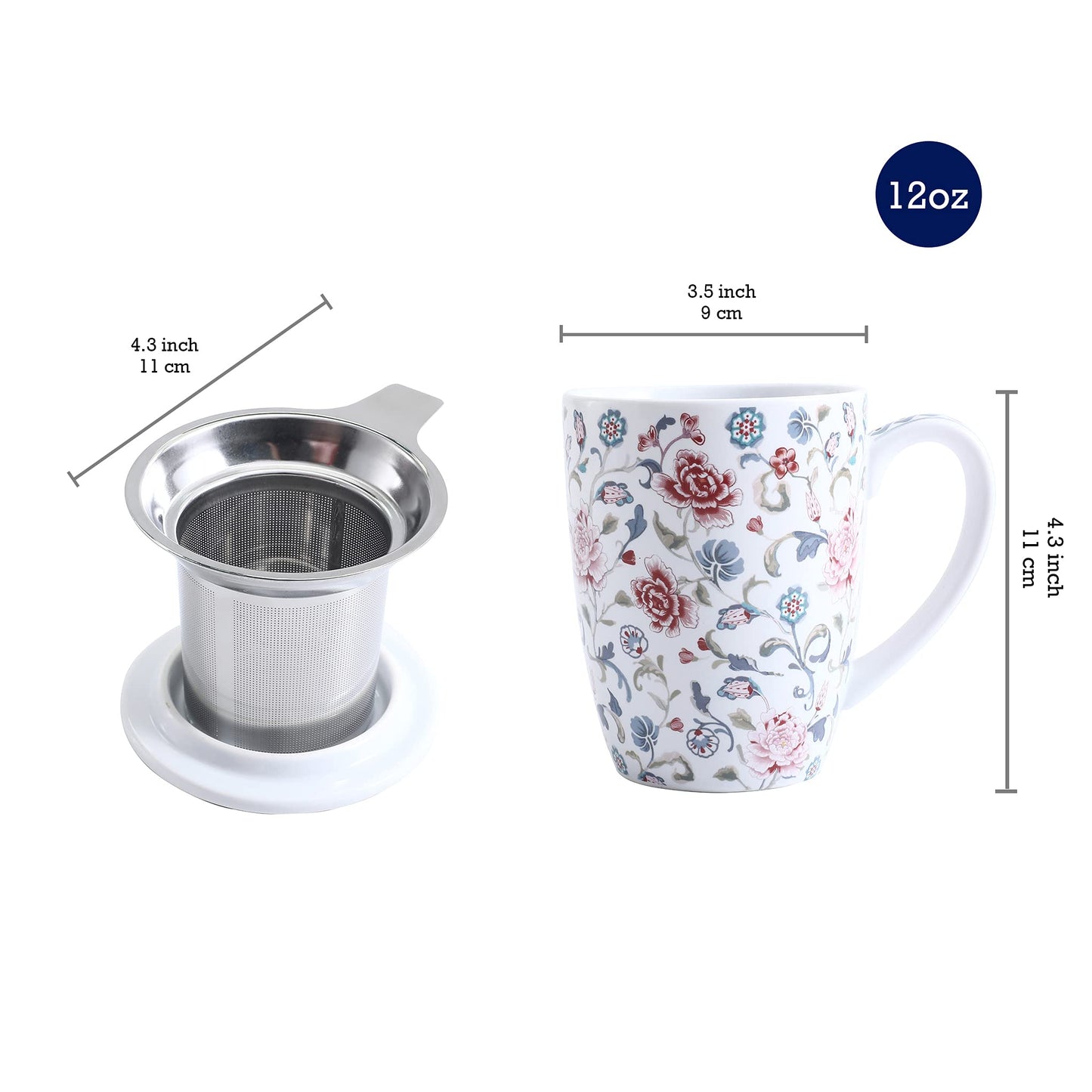 Bico 12oz Porcelain Tea Mug with Infuser and Lid, Microwave & Dishwasher Safe