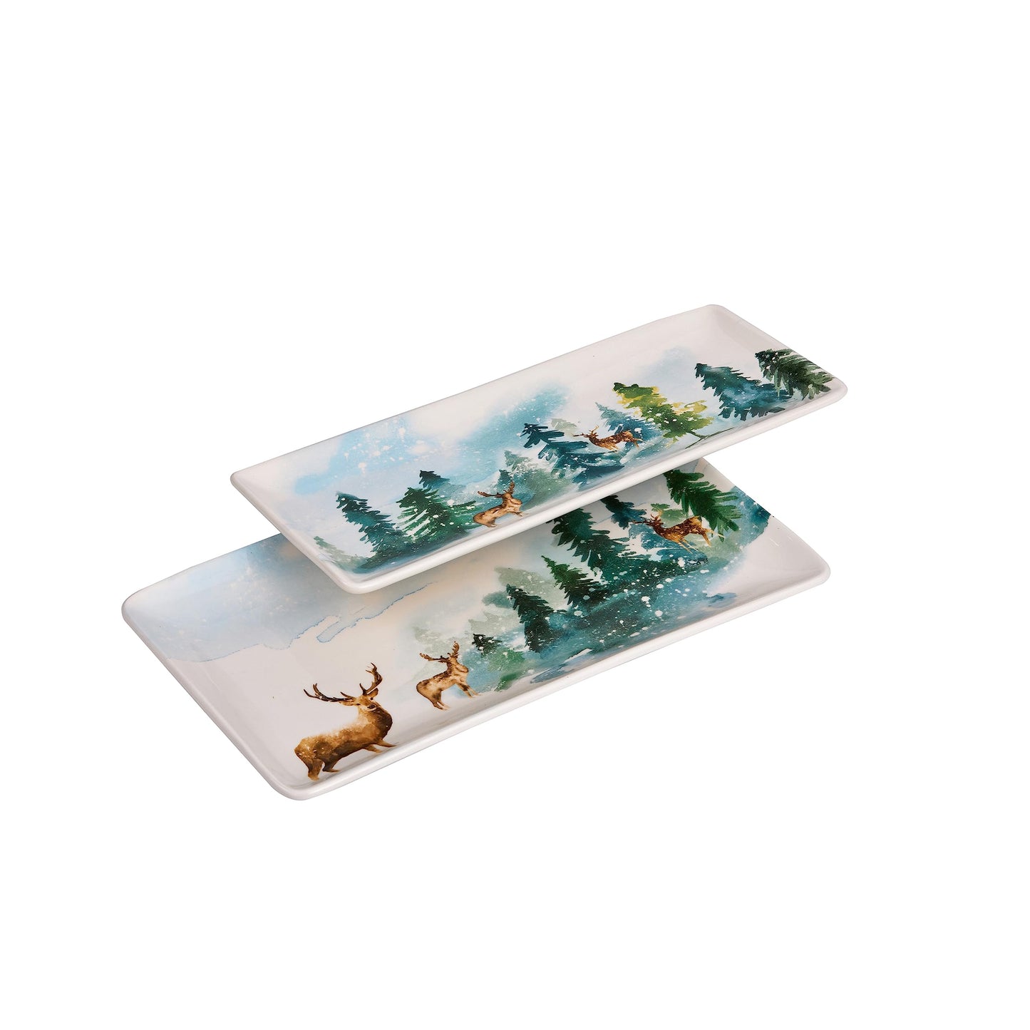 Bico Enchanted Deer Dreamscape Ceramic 14 inch Rectangular Serving Platter, Set of 2, for Serving Salad, Pasta, Cheese, Ham, Appetizer, Microwave & Dishwasher Safe