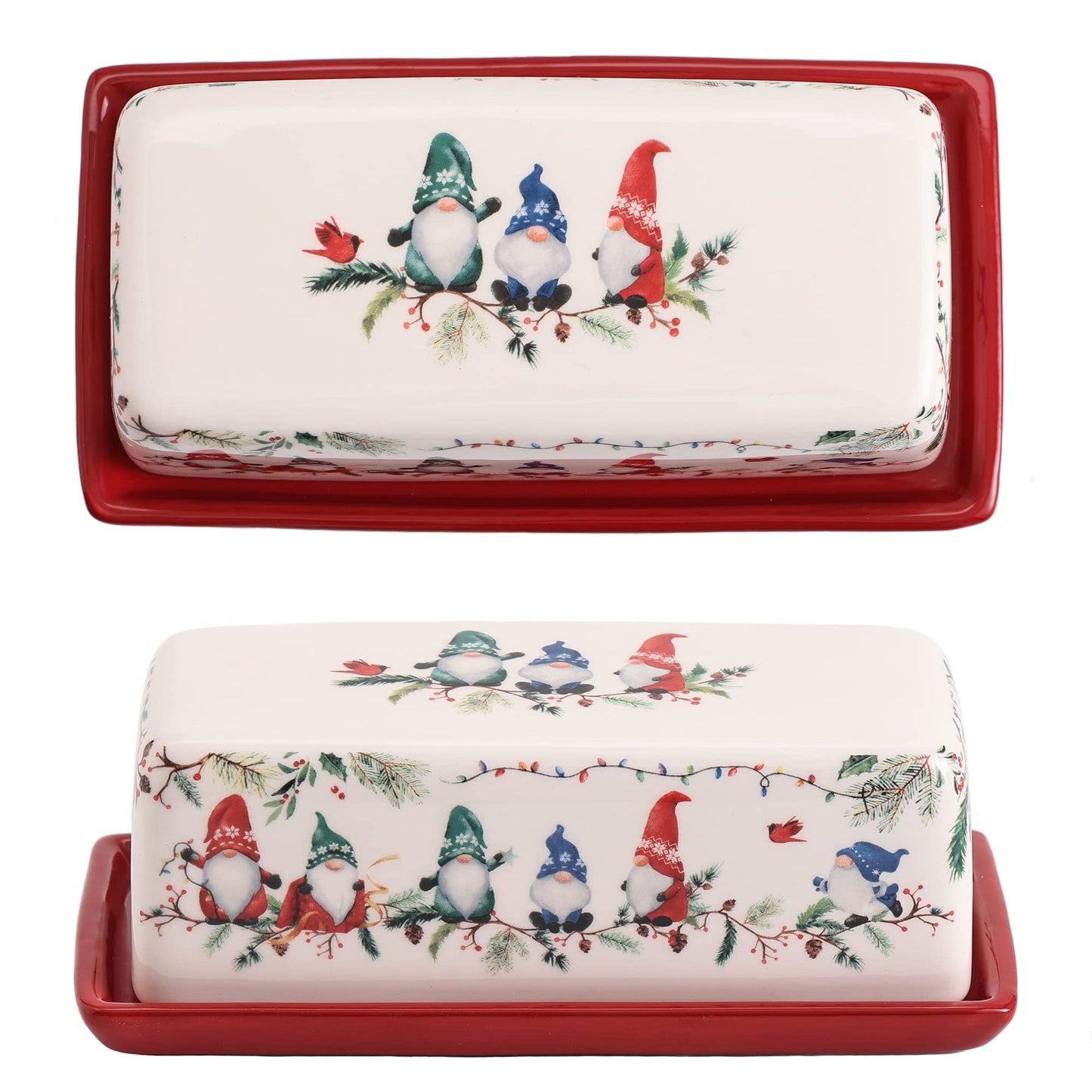 Bico Christmas Gnomes Ceramic Butter Dish with Lid, Butter Keeper for Counter, Kitchen, Dishwasher Safe